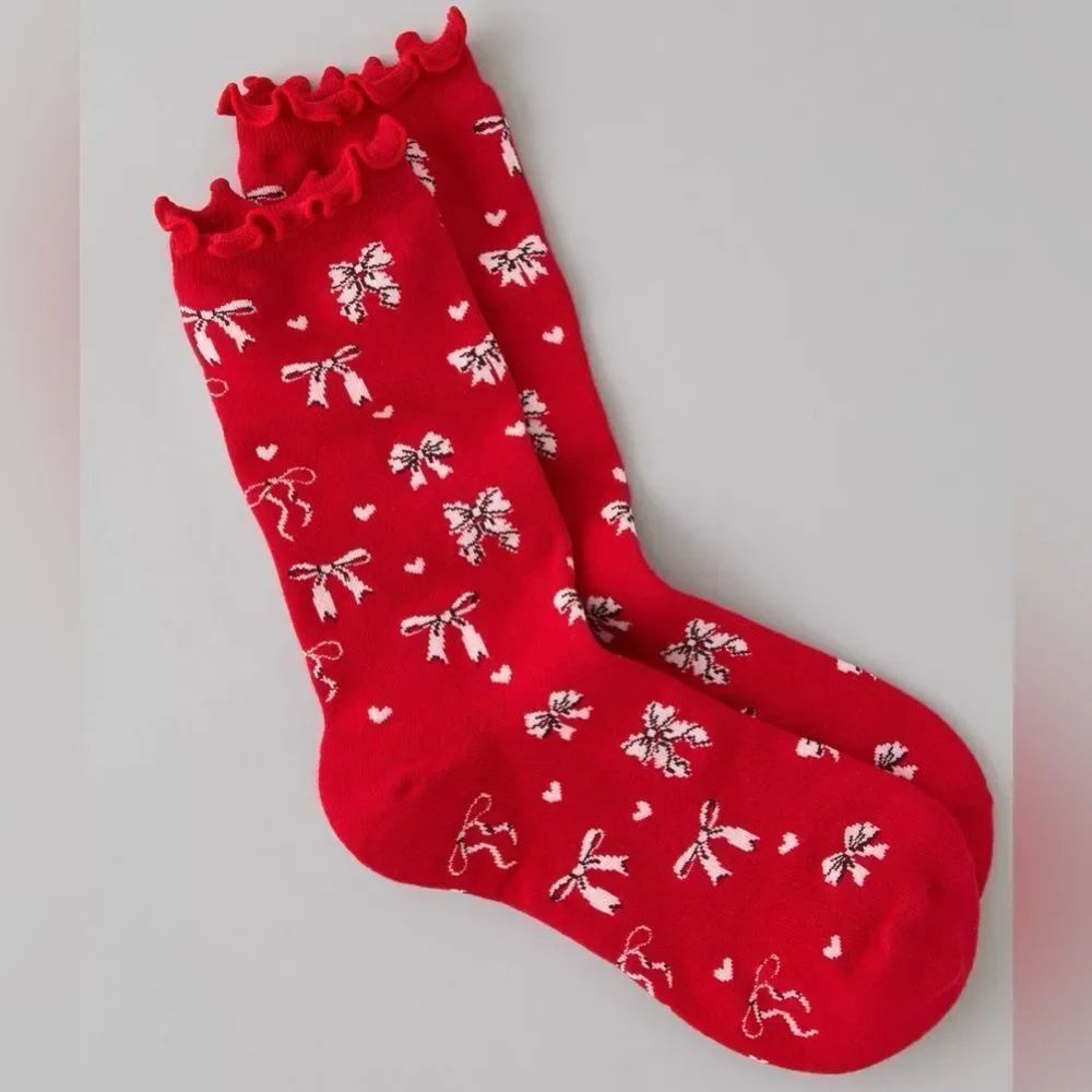 AE OS Ruby Kiss Red White Bows Ruffle Crew Christmas Holiday Socks